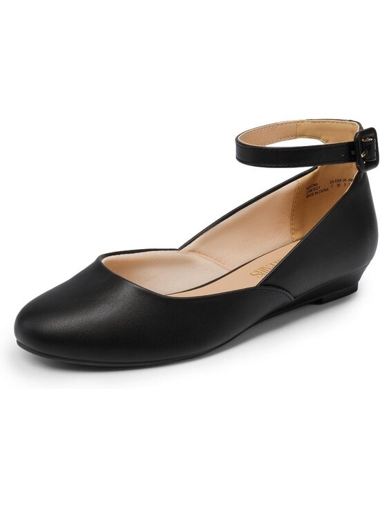 Shoes - Women's Black Leather Comfortable Ballet Low Wedge Round Toe Ankle Strap Flats